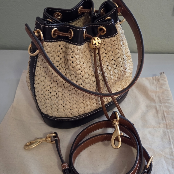 Tory Burch Cream and Brown Raffia Bucket Bag RARE - Picture 6 of 13